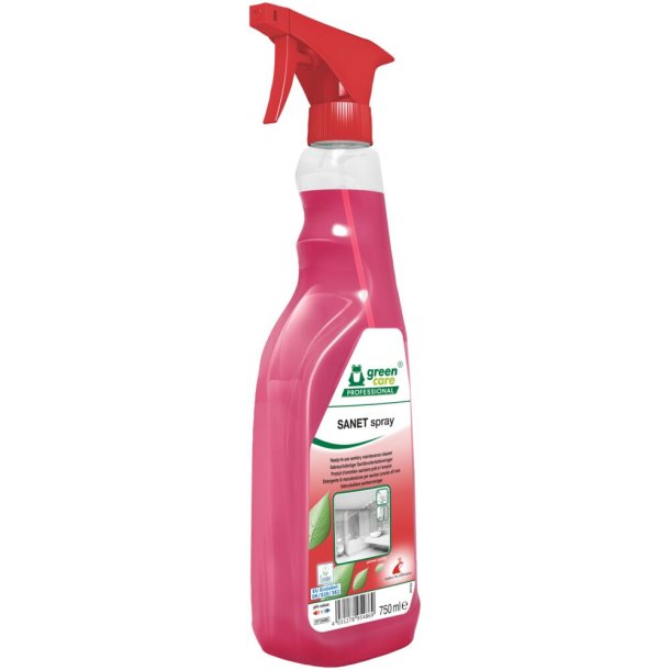 Sanitetsreng�ring, Green Care Professional SANET Spray, 750 ml, klar-til-brug, sur/afkalkende, med farve og parfume 1x10