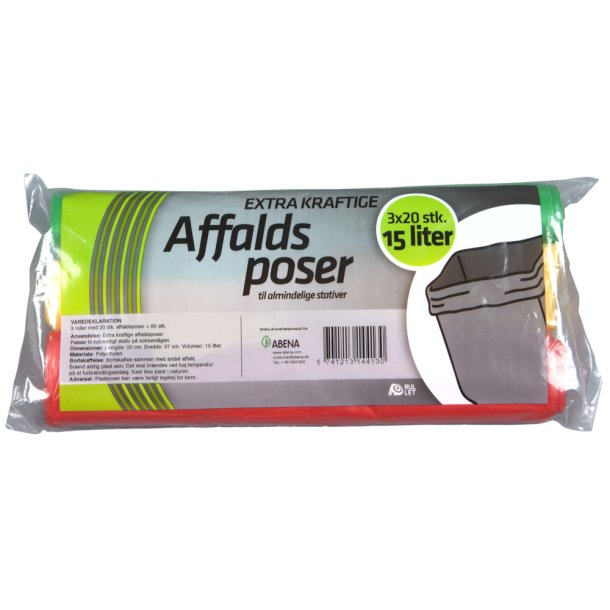 Affaldspose, LDPE, rd/gul/grn, 23 my, 37x50 cm, 15 l, 60stk/rl.