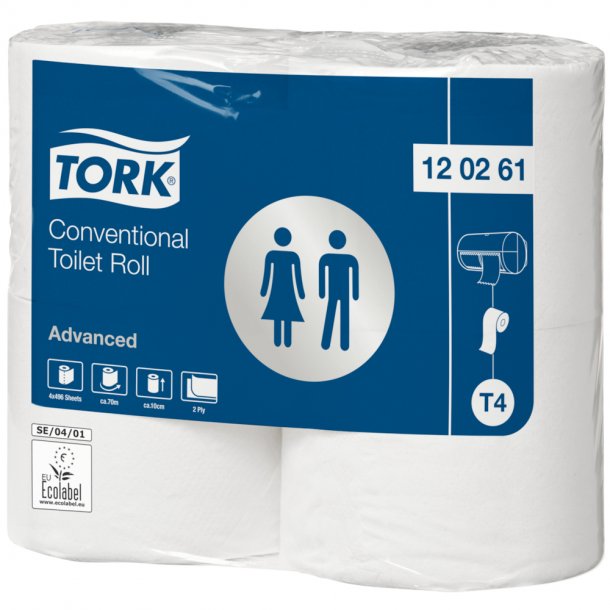 Toiletpapir, Tork T4 Advanced, 2-lags, hvid, 9,90 cm x 69,44 m, 496 ark