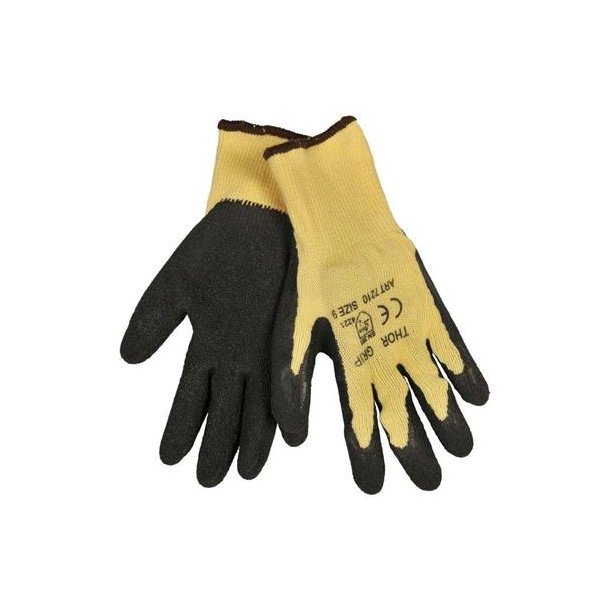 Fingerdyppet latexhandske, THOR Grip, gul, overhnd i polyester, ribkant, 7