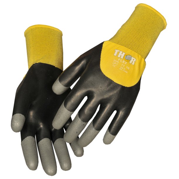 Halvdyppet latexhandske, Thor flex dry, Sort/gul, med nitril granulat p fingerspidserne, 8